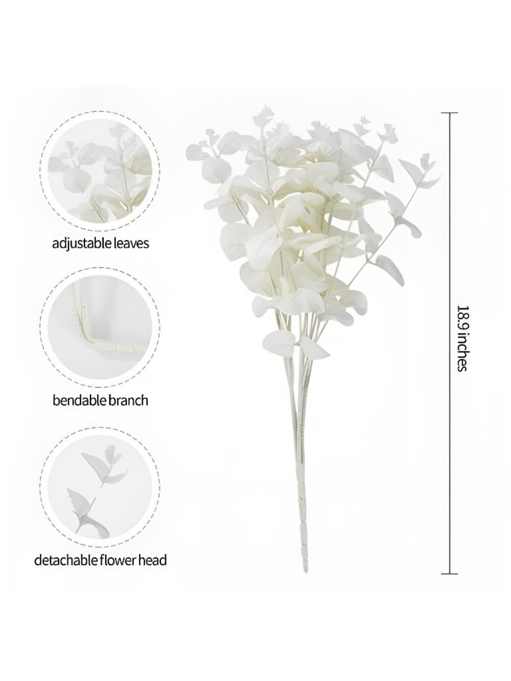 3Pcs Artificial Eucalyptus Leaves with White Flowers and Stems